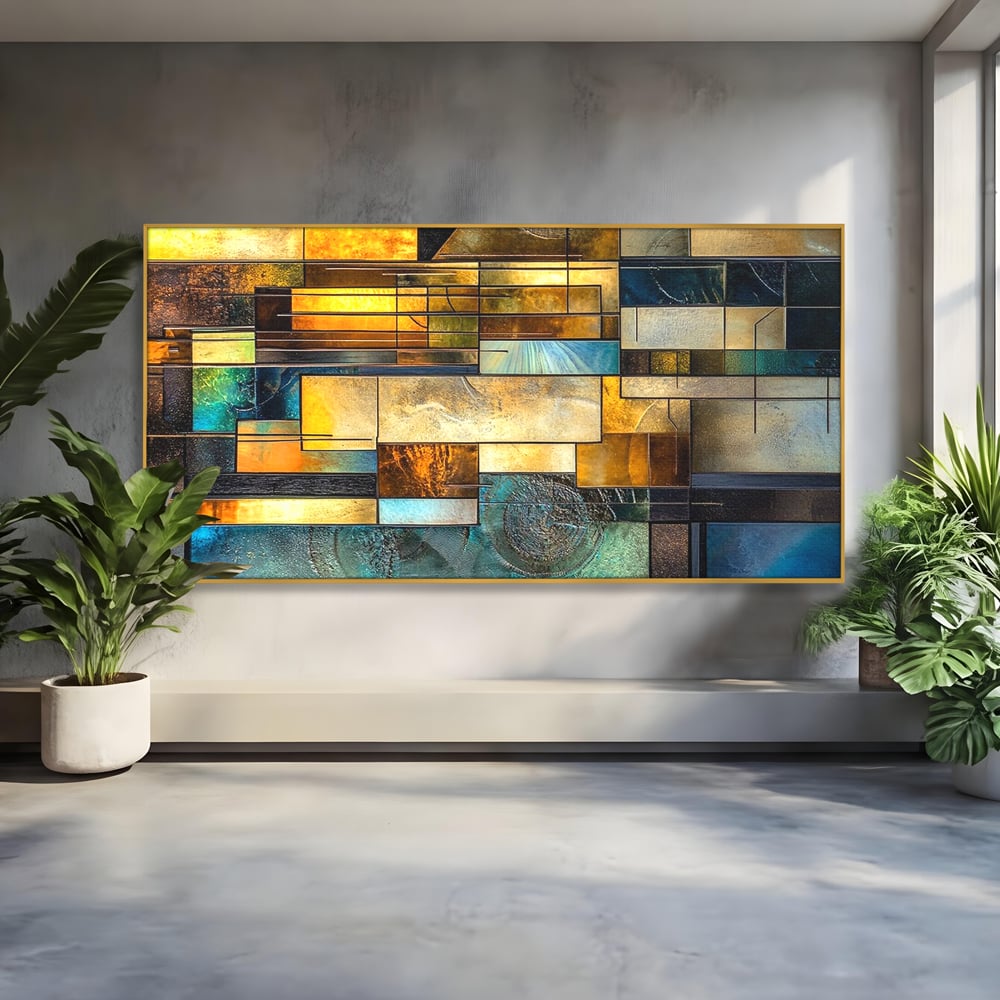 Tablou canvas cu tablou abstract geometric cu texturi metalice, in rama de aluminiu auriu